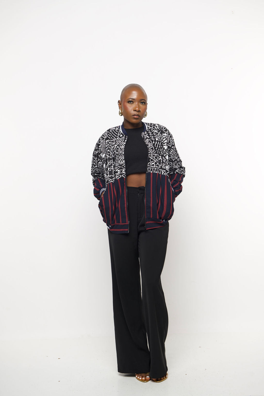 African Print Bomber Jacket – Unisex Ankara Streetwear | Handmade Tribal Pattern Jacket with Striped Accents