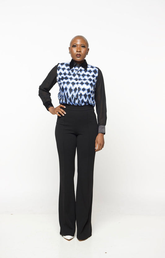 ‘Opal’ Blue & Black Button-Down Shirt with Sheer Sleeves – Women’s Elegant Work to Evening Blouse