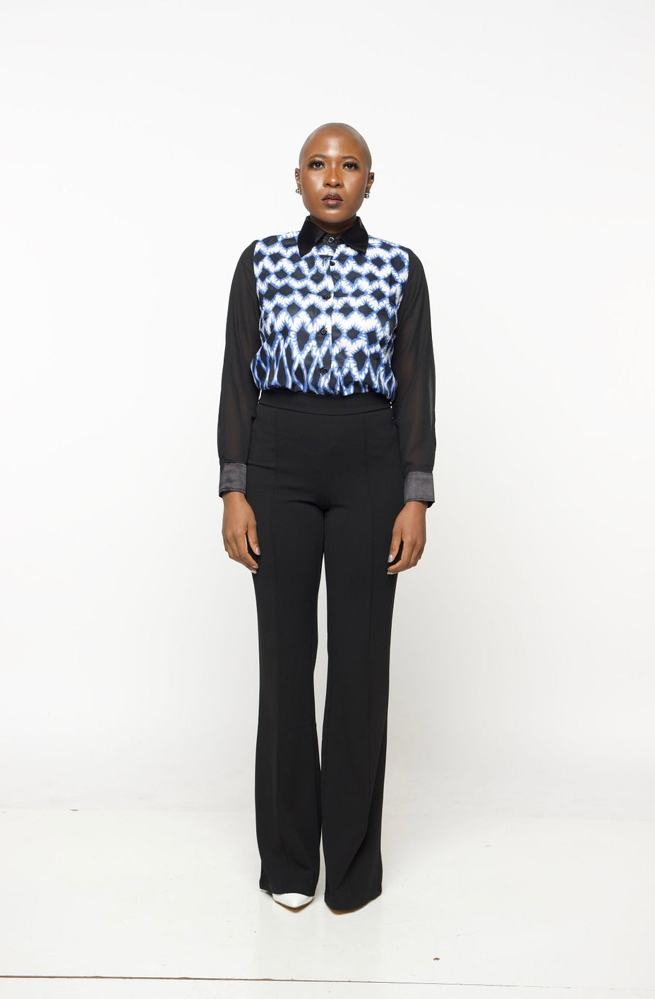‘Opal’ Blue & Black Button-Down Shirt with Sheer Sleeves – Women’s Elegant Work to Evening Blouse
