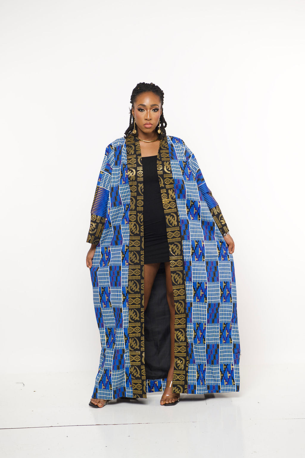 ‘Nadii’ Ankara Kente-Inspired Blue & Gold Maxi Kimono Robe