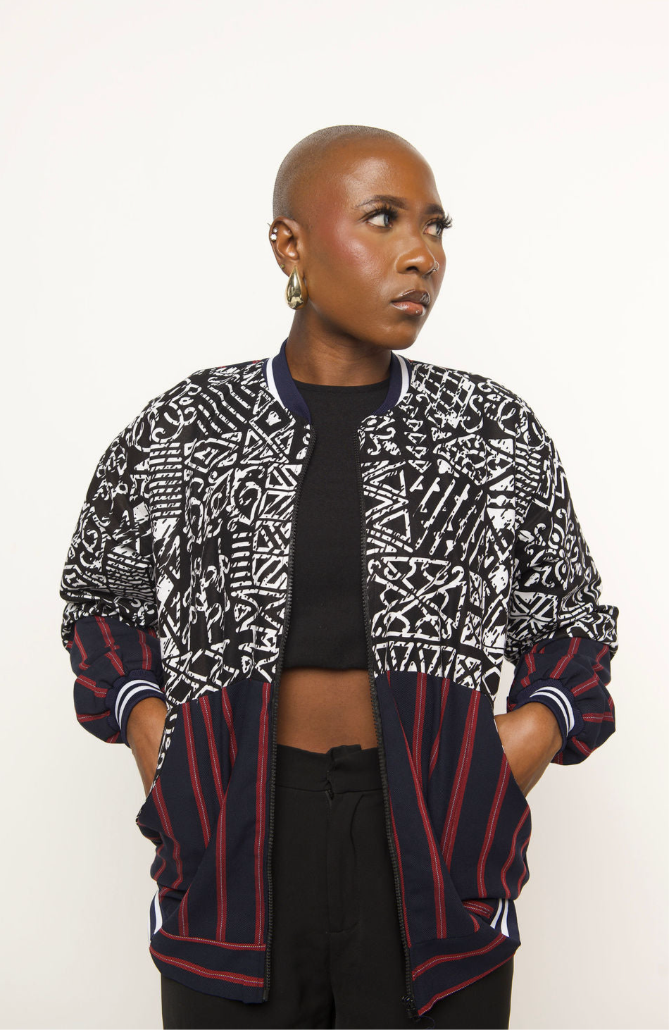 African Print Bomber Jacket – Unisex Ankara Streetwear | Handmade Tribal Pattern Jacket with Striped Accents