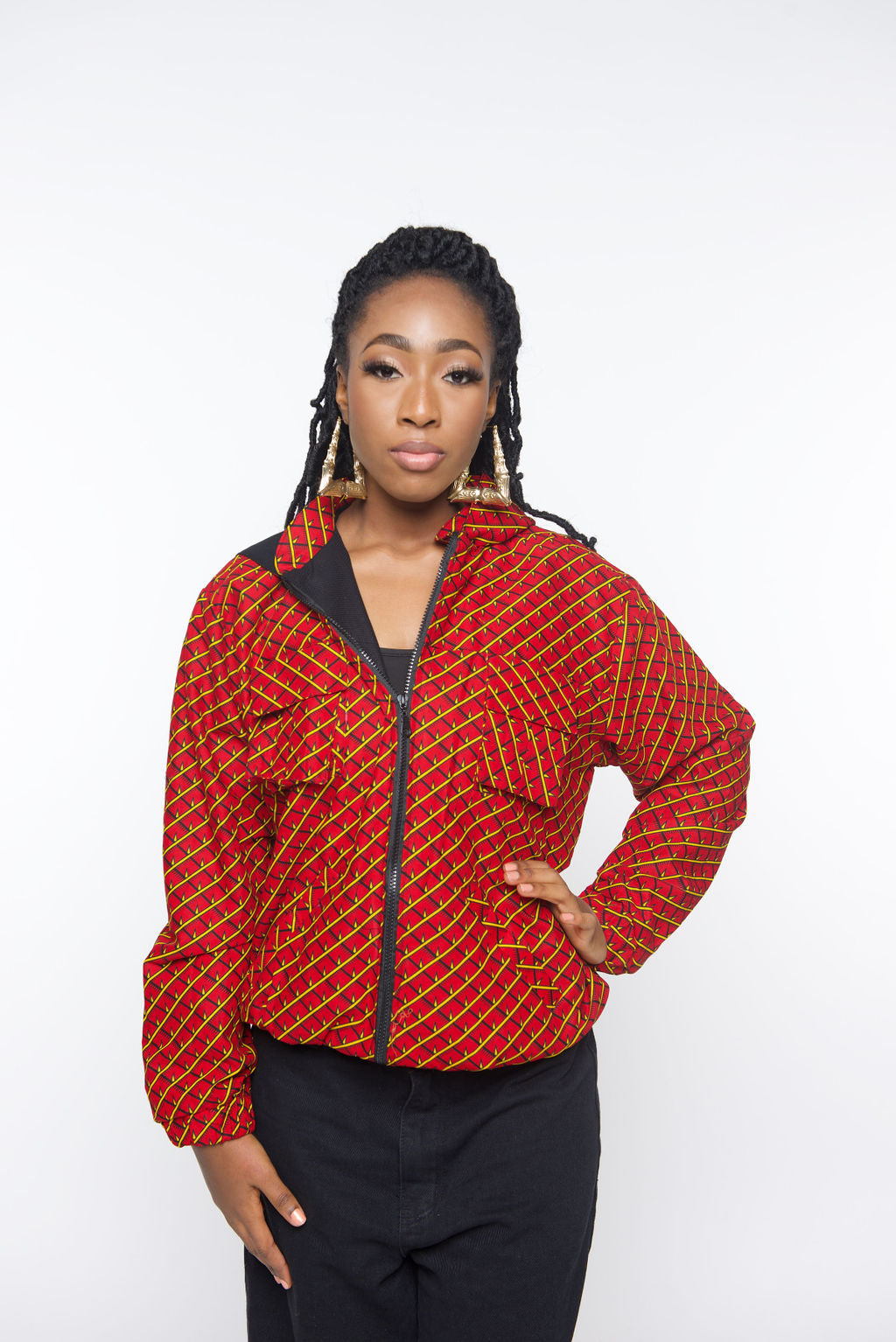 ‘Tifu’ Red African Print Hoodie Jacket – Red Bomber, Unisex Festival Streetwear