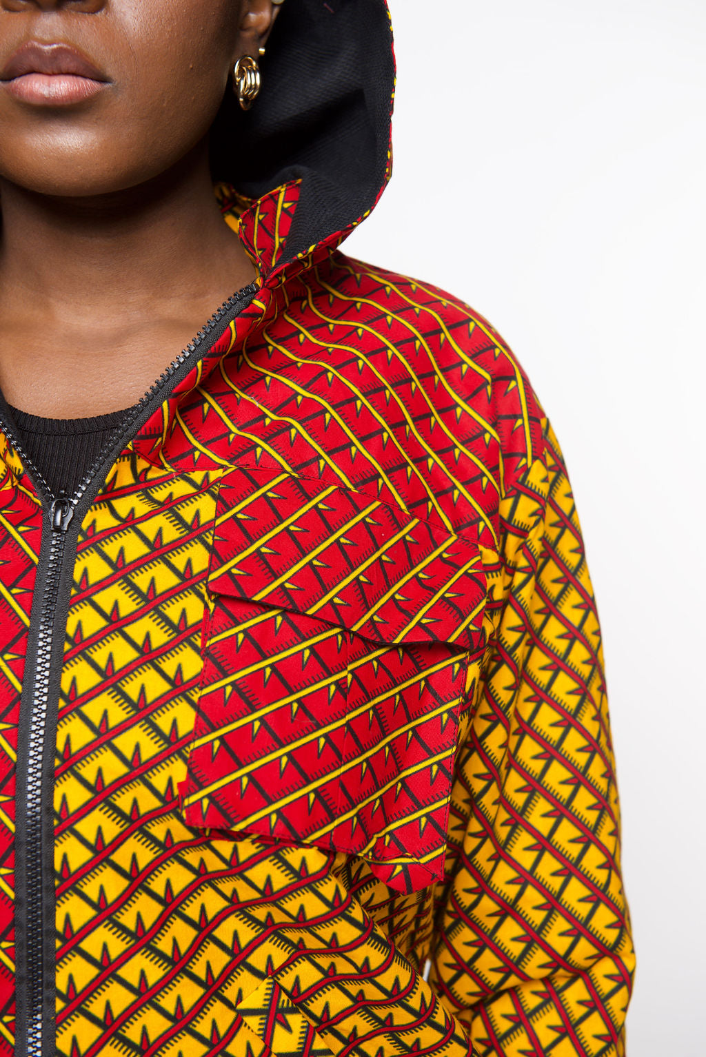 ‘Tifu’ African Print Hoodie Jacket – Red and Yellow Ankara Bomber, Unisex Festival Streetwear