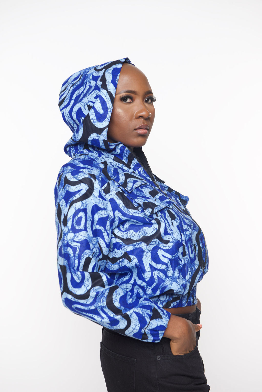 ‘Tifu’ blue Blue Print Cropped Hoodie Jacket – Lightweight Bomber Style Streetwear