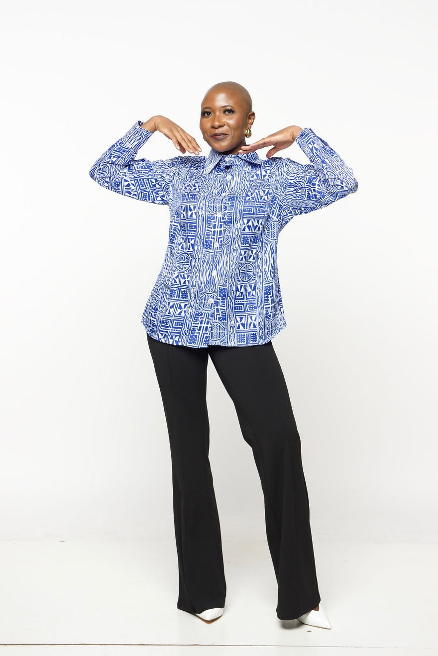 ‘Bamii’ Blue Print Button Down Shirt – Long Sleeve Collared Blouse for Women