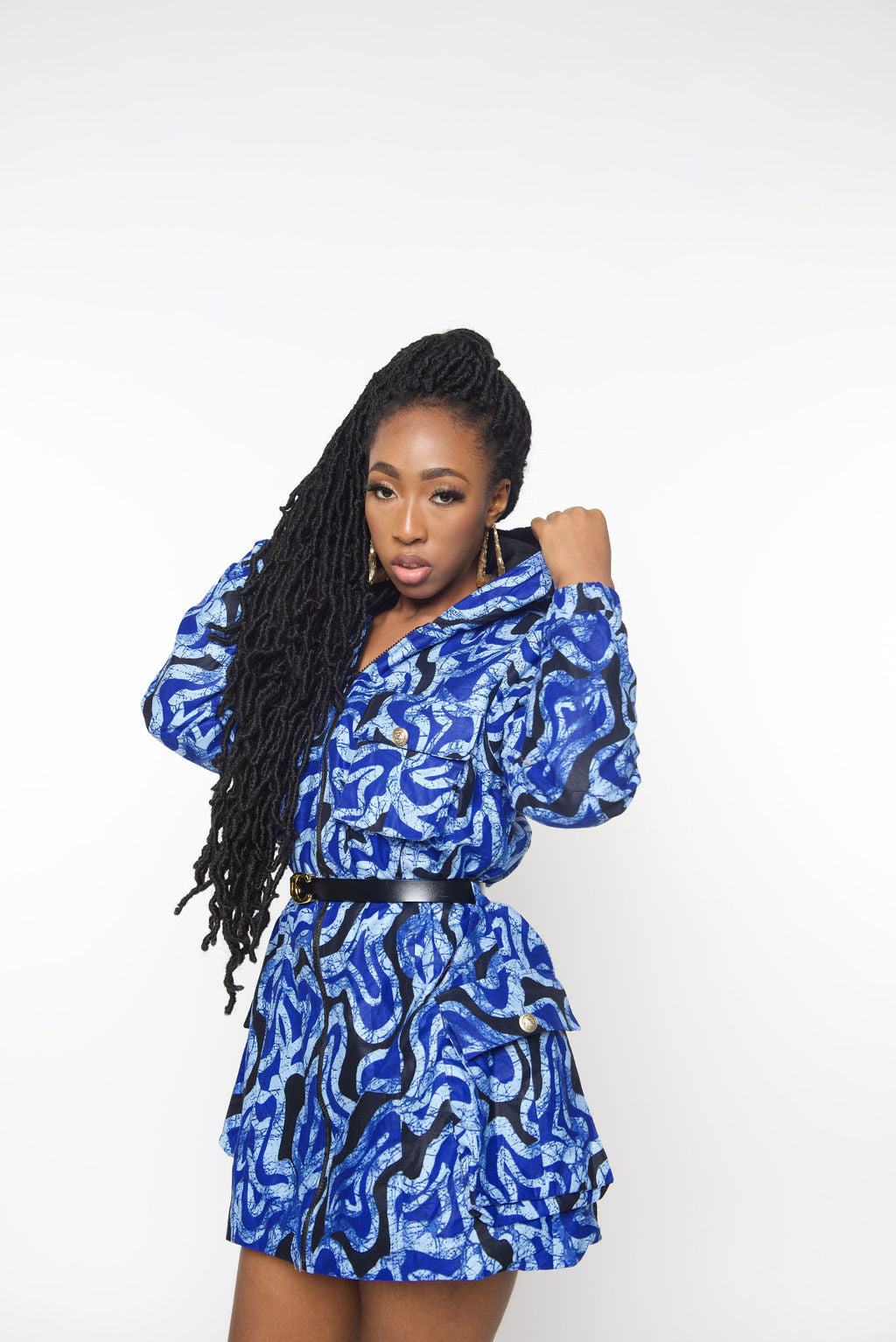 ‘Timaa’ African Print Hoodie Dress – Blue Ankara Long Jacket, Festival Streetwear Coat