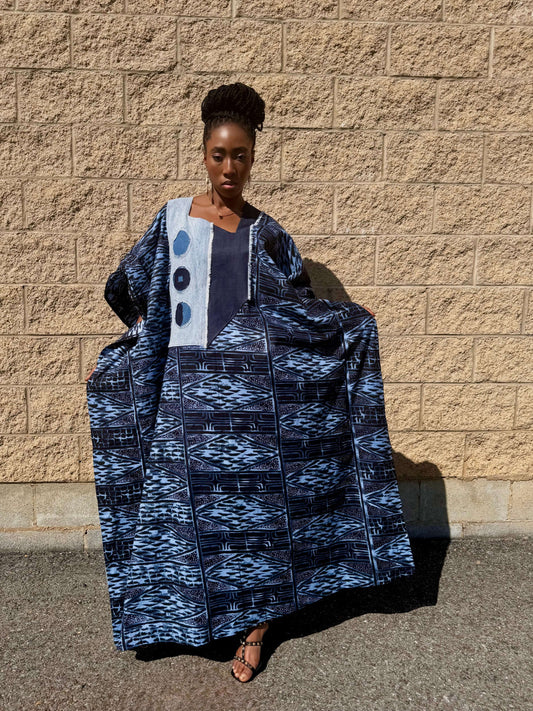 ‘Eyan’ Upcycled Indigo & Denim Patchwork Kaftan Boubou– Maison Aghaa