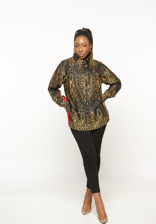 ‘BAMII’ Luxury Black & Gold Patterned Button-Down Shirt – Long Sleeve Statement Blouse