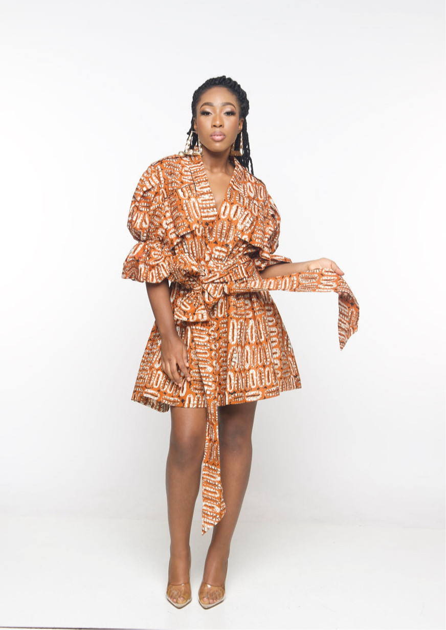 ‘Bamii’ Nude African print mini Wrap Dress