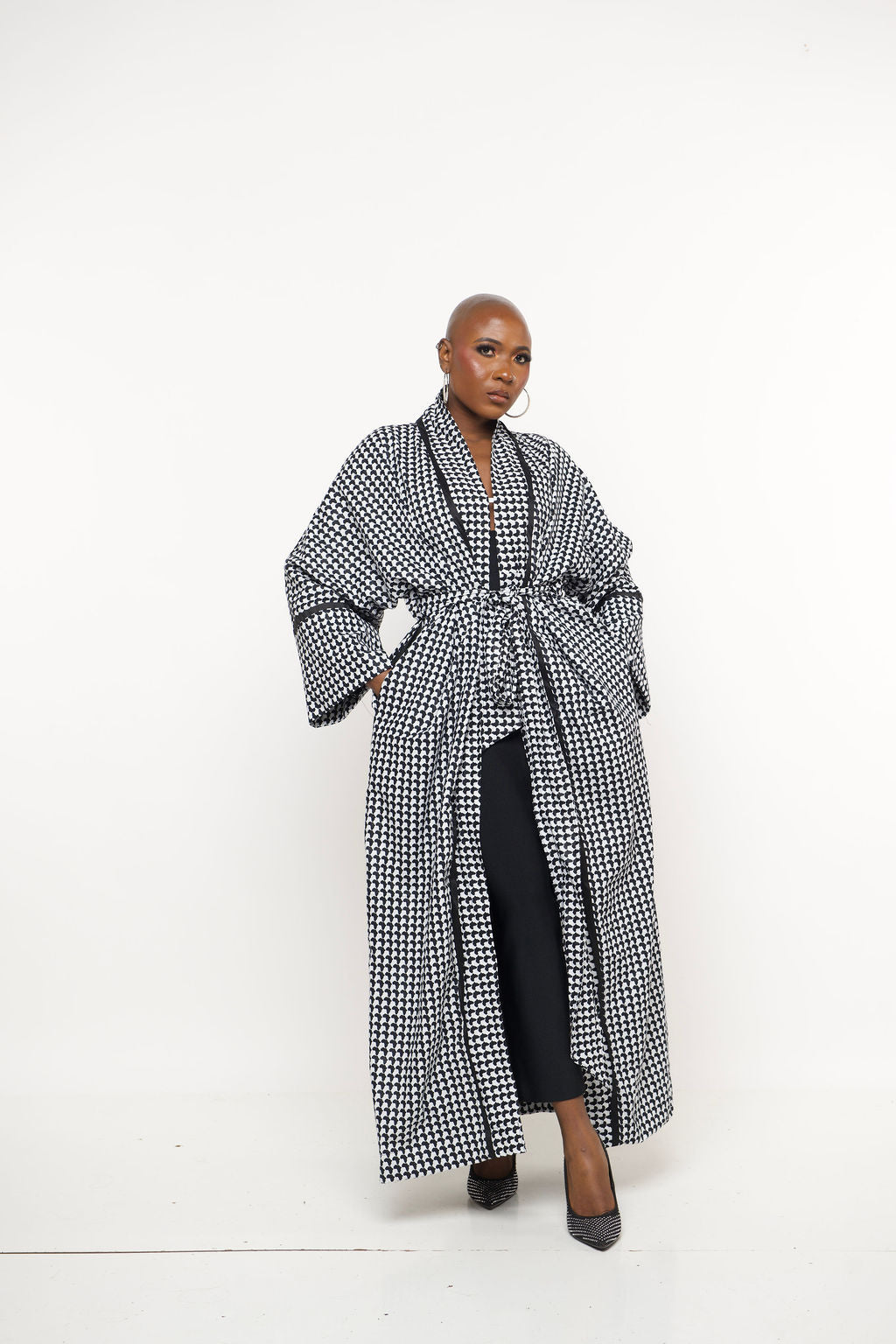 ‘Sanaa’ Kimono Regal |Monochrome Houndstooth Maxi Kimono Robe