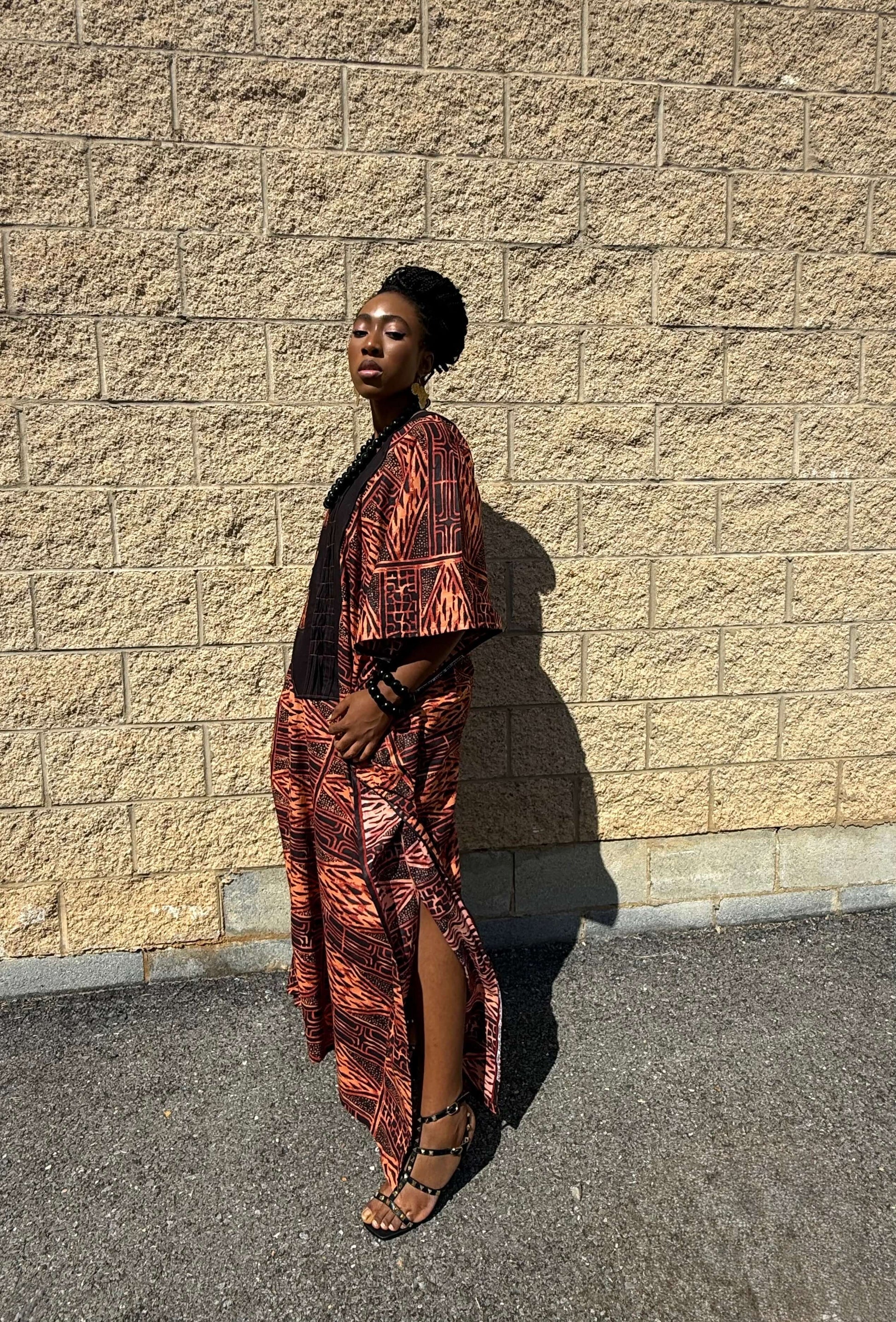 ‘Mayaa’ Upcycled African Print Kaftan Dress – Bold Red & Black Heritage Boubou
