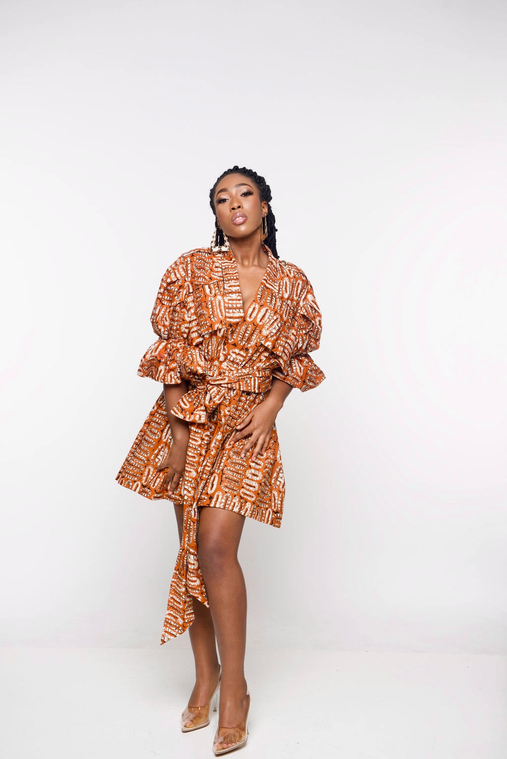 ‘Bamii’ Nude African print mini Wrap Dress