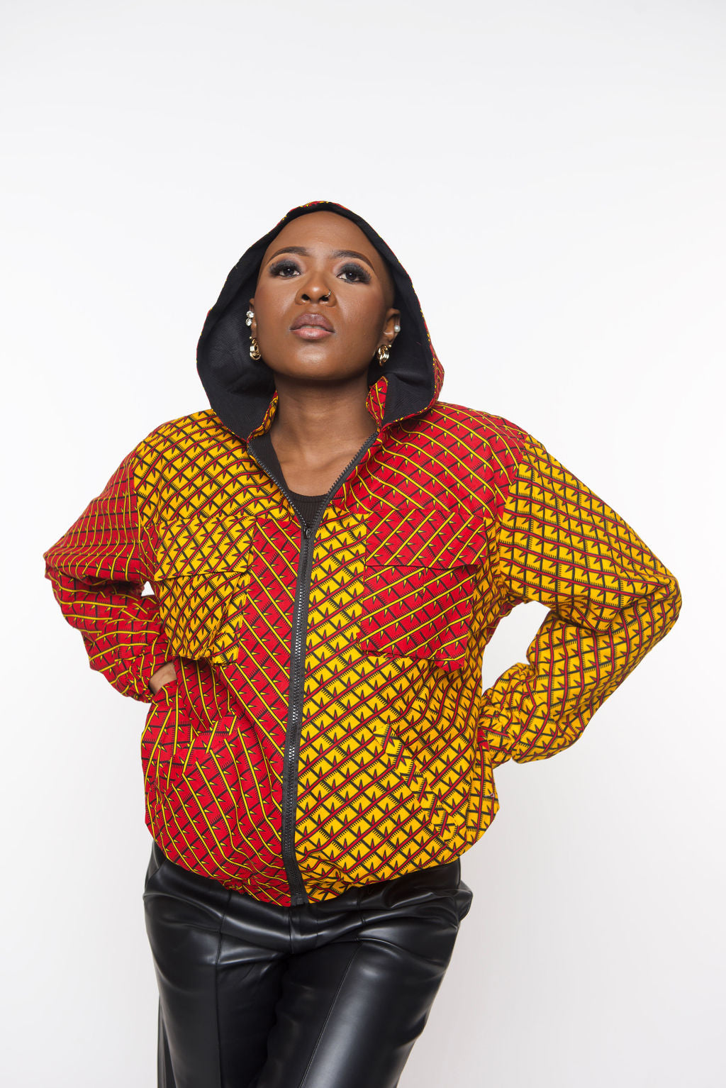 ‘Tifu’ African Print Hoodie Jacket – Red and Yellow Ankara Bomber, Unisex Festival Streetwear
