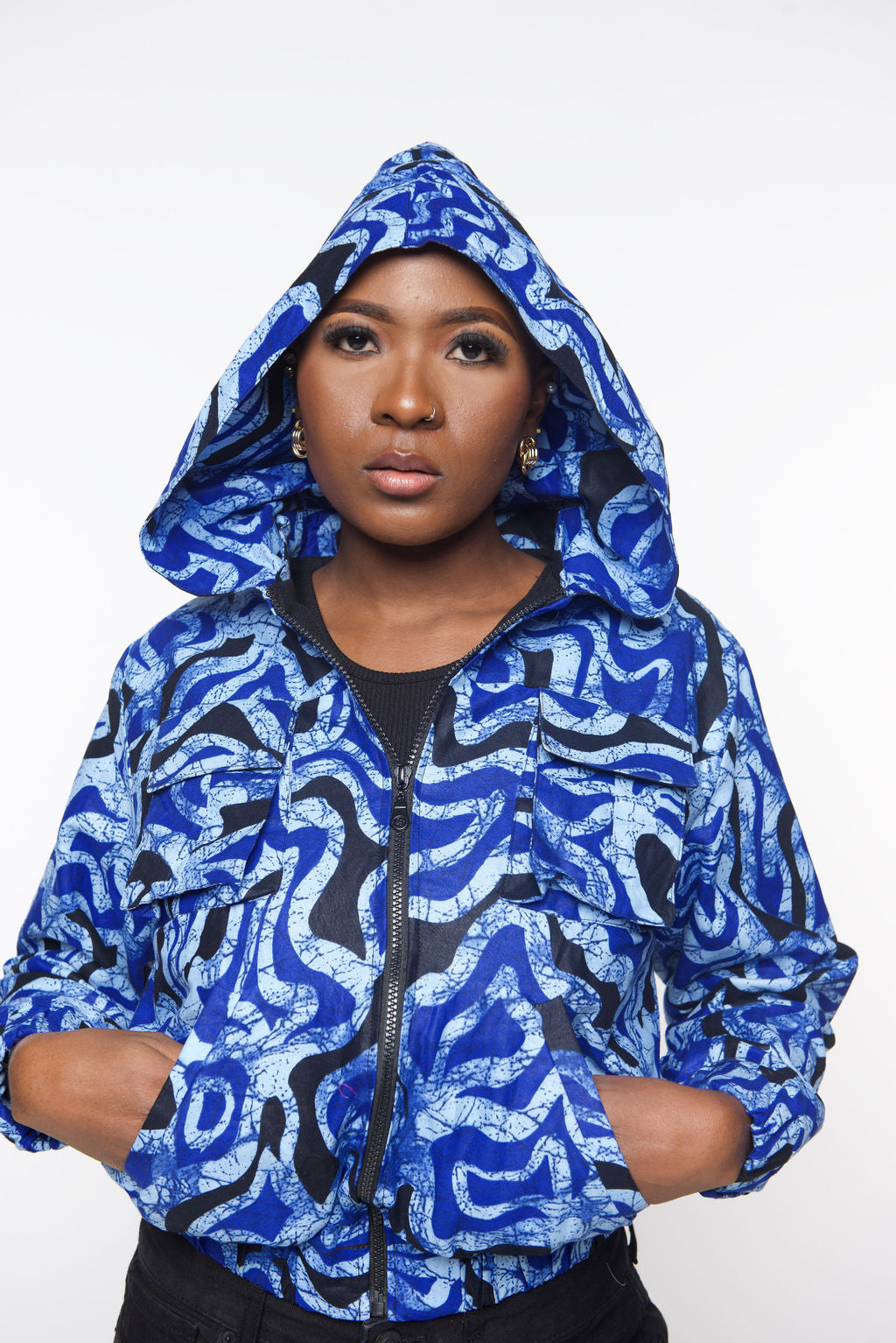 ‘Tifu’ blue Blue Print Cropped Hoodie Jacket – Lightweight Bomber Style Streetwear