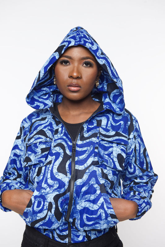 ‘Tifu’ blue Blue Print Cropped Hoodie Jacket – Lightweight Bomber Style Streetwear