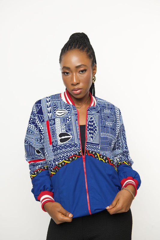 Ninoo- B African Print Bomber Jacket – Blue Red Unisex Ankara Streetwear | Handmade Statement Jacket